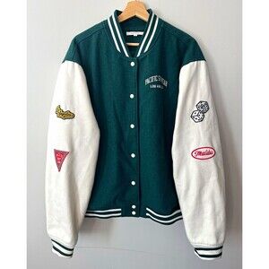PacSun Pacific Sunwear Varsity Jacket Green White Patches Dice Malibu M/L